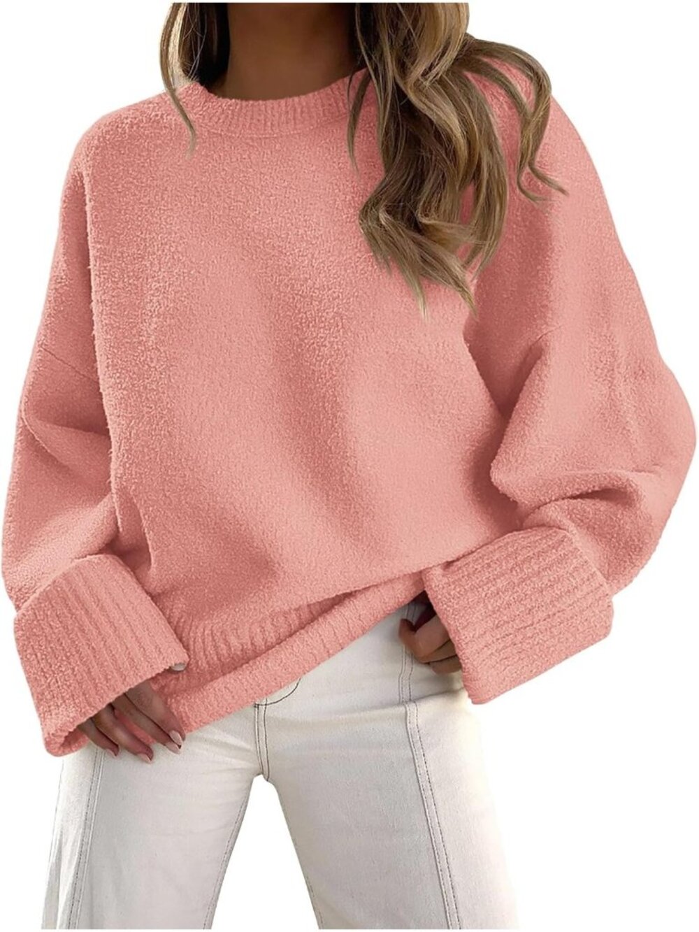 Women's Pink Chunky Ribbed Knit Cozy Oversized Fuzzy Crewneck Cuff Sweater